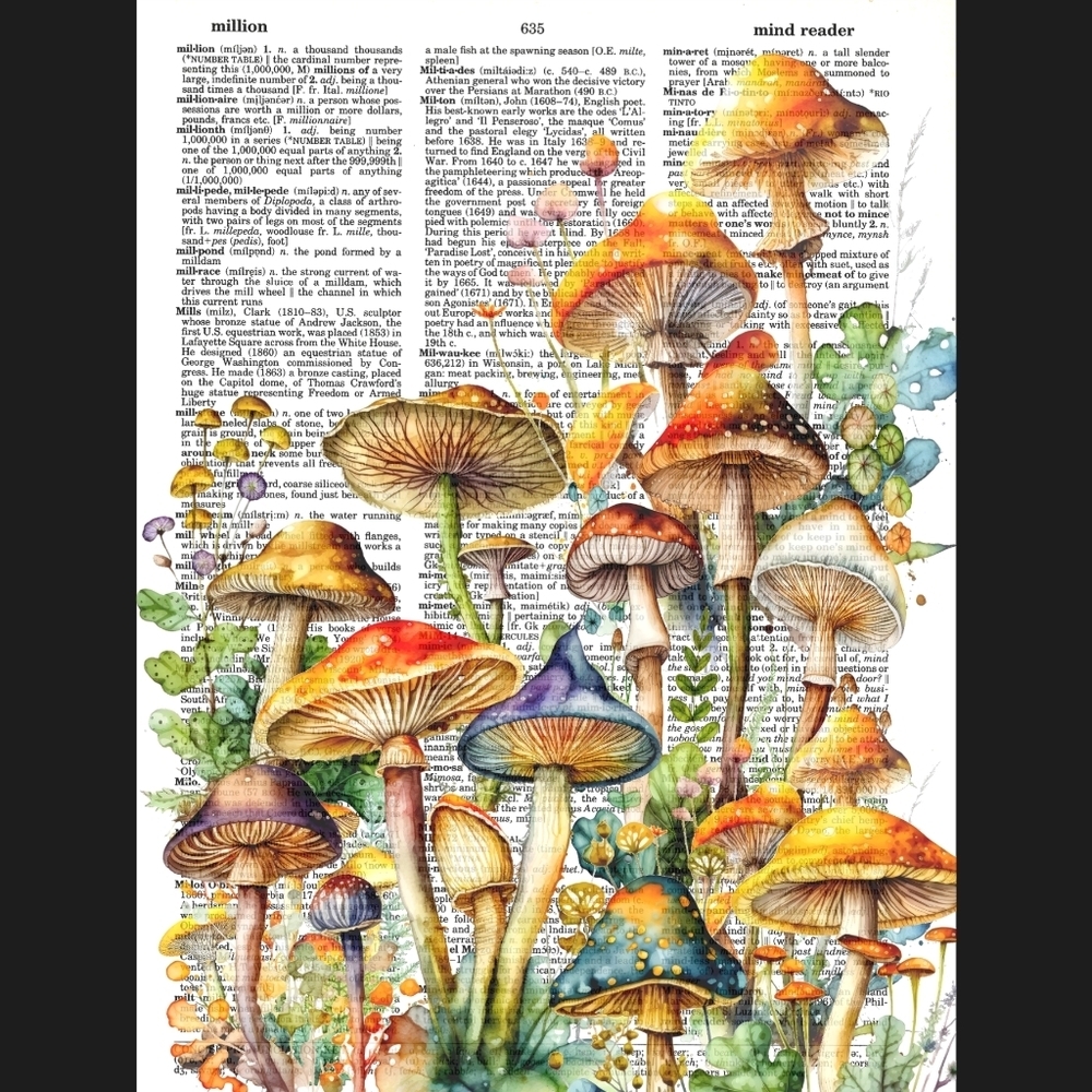 Mushroom Meeting Science Botanical Fairy Vintage Dictionary Art Print